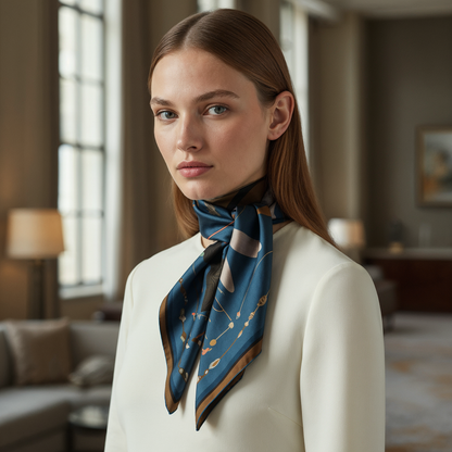 High end designer silk scarf in royal tones, combining contemporary art and luxury fashion for stylish women worldwide.