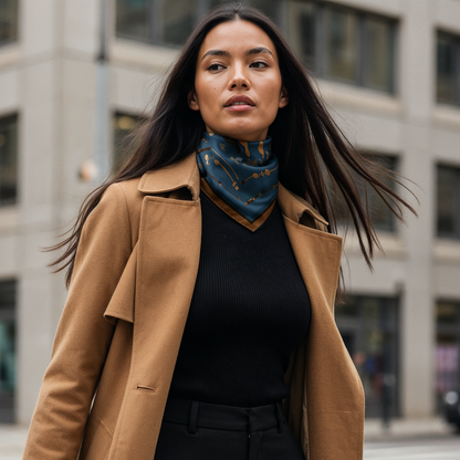 Statement silk scarf with deep blue tones and gold accents, premium accessory for women seeking unique wearable art in global markets.