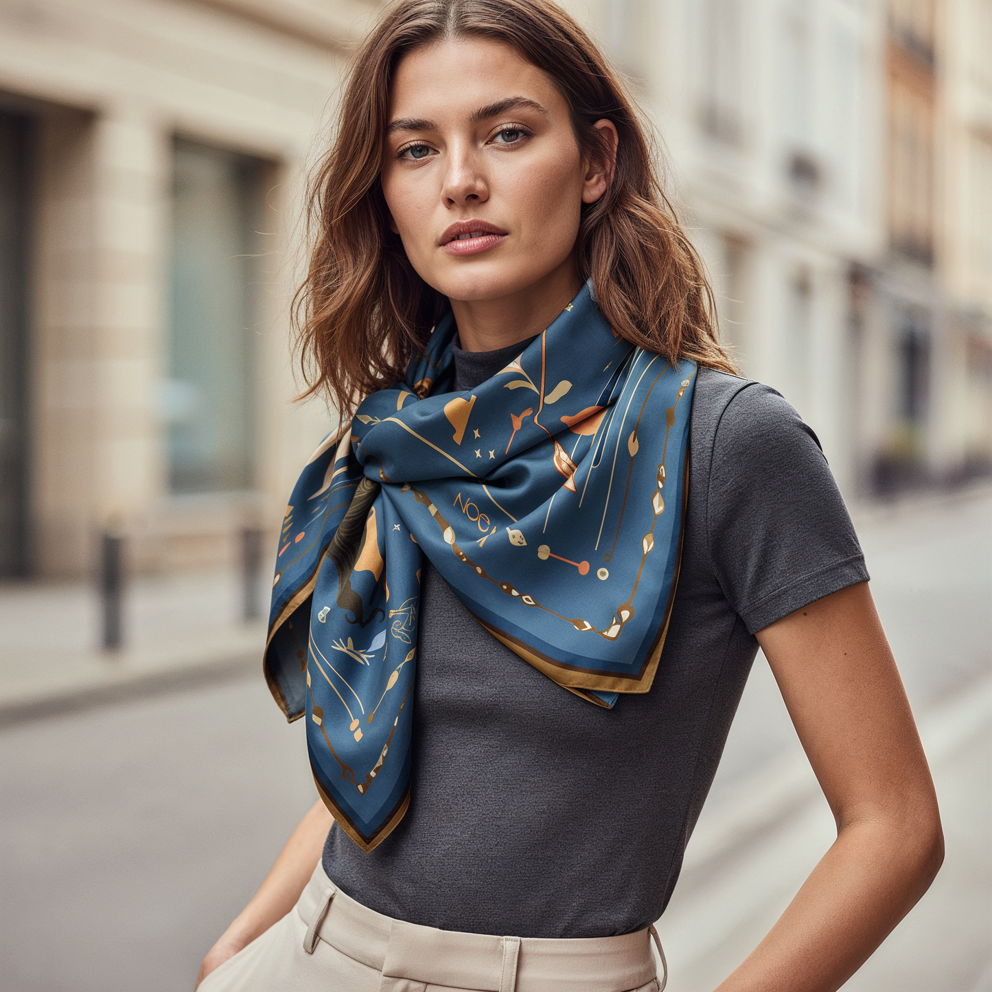 NOE MI luxury silk scarf in royal blue and gold tones featuring artistic figurative design, premium designer accessory for women in Paris, Milan, New York, and Tel Aviv.