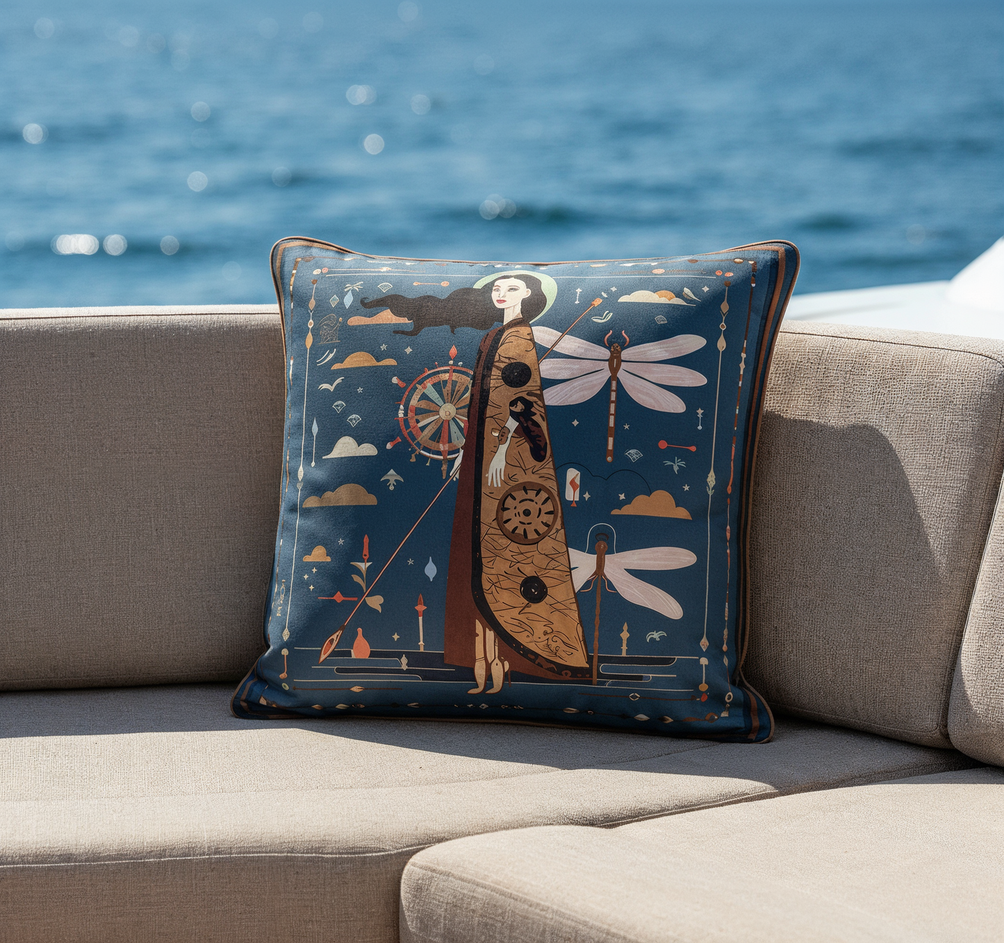 Artistic cushion by NOE MI featuring modern figurative artwork, statement decor piece for homes in Tel Aviv, Berlin, and Barcelona.