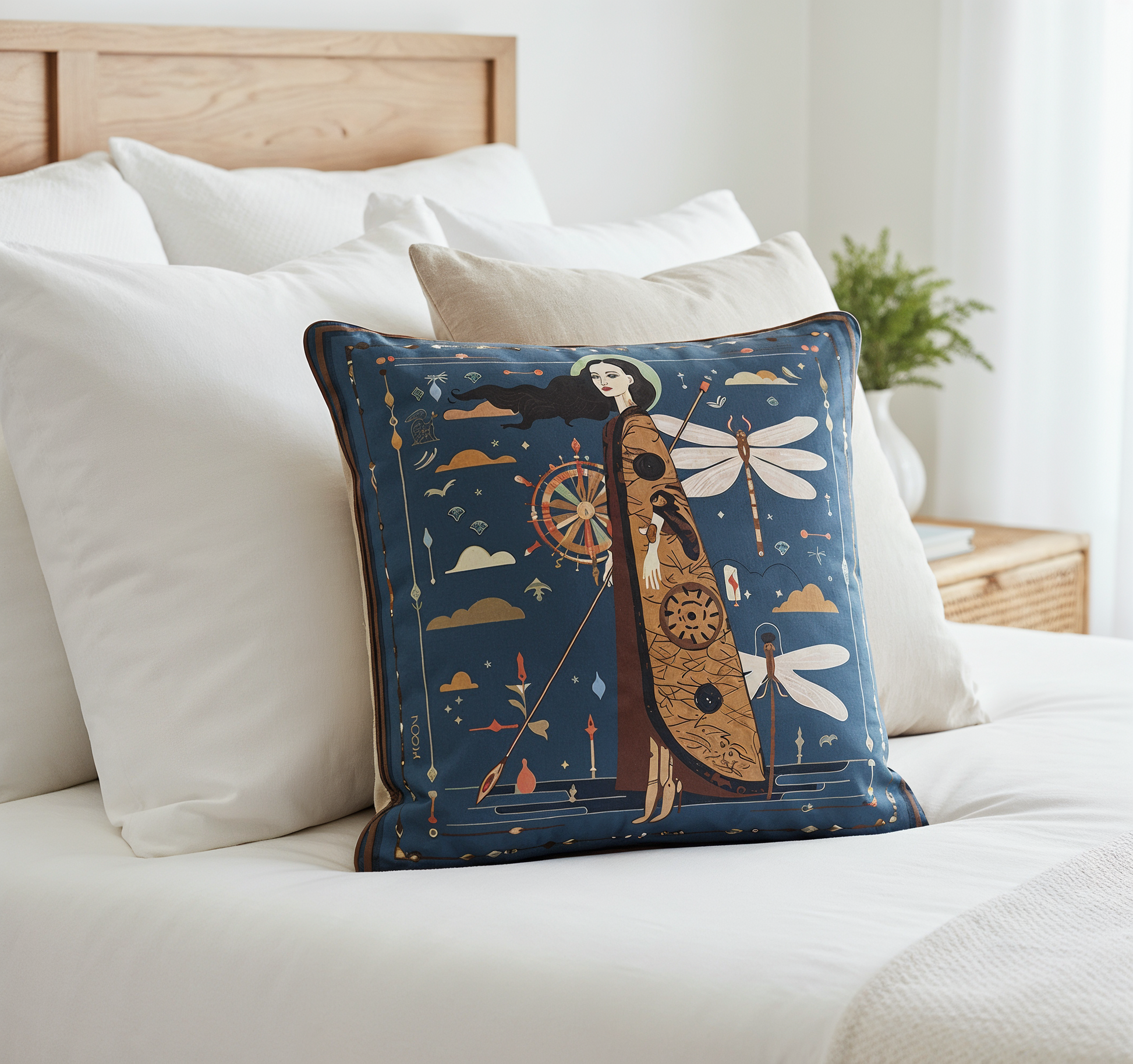 Royal blue decorative pillow with contemporary artistic illustration, high end home decor accessory for modern interiors across global cities.