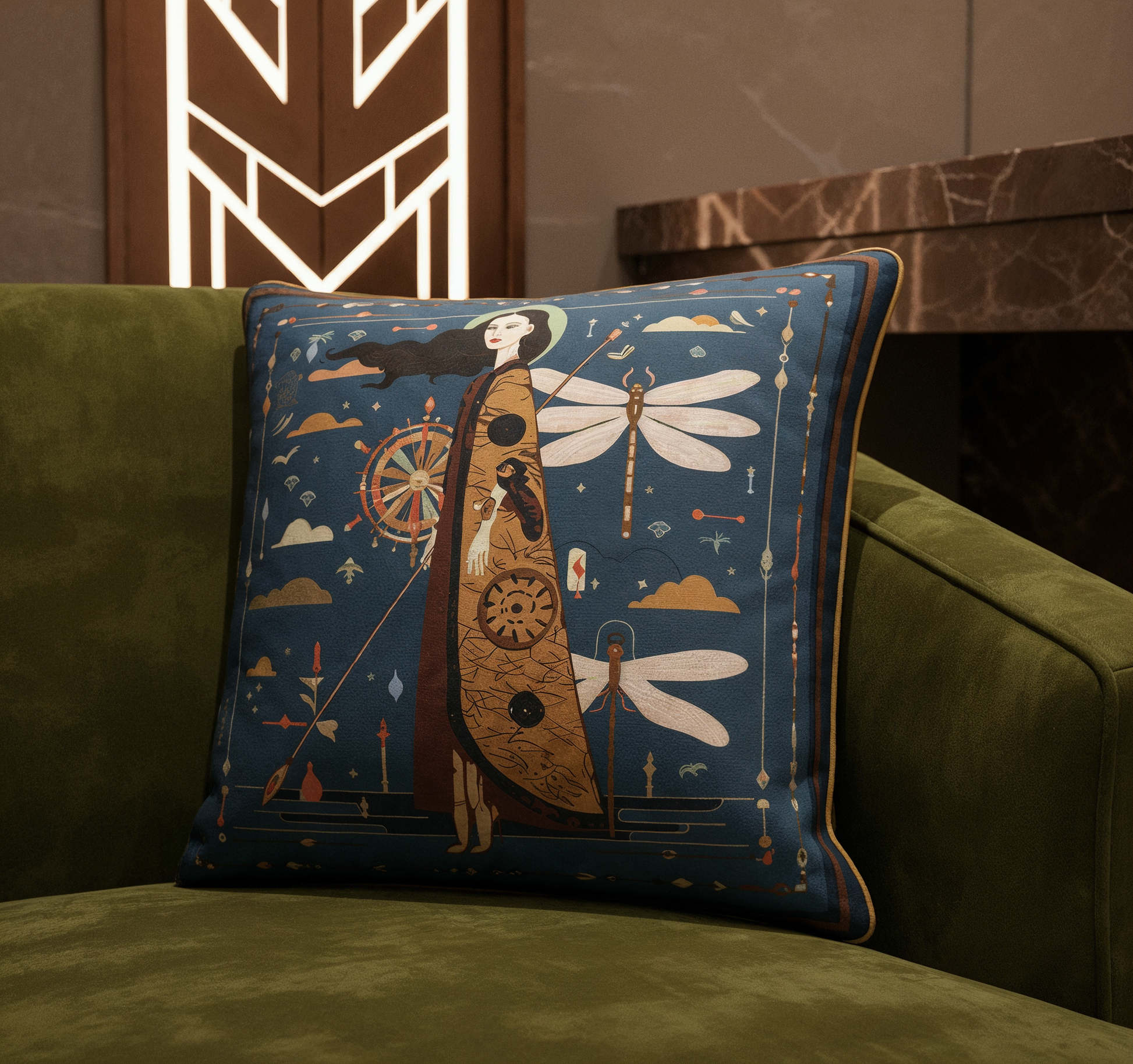 NOE MI velvet cushion combining blue, gold, and cream tones, perfect for styling in luxury living rooms in London, Paris, and Rome.
