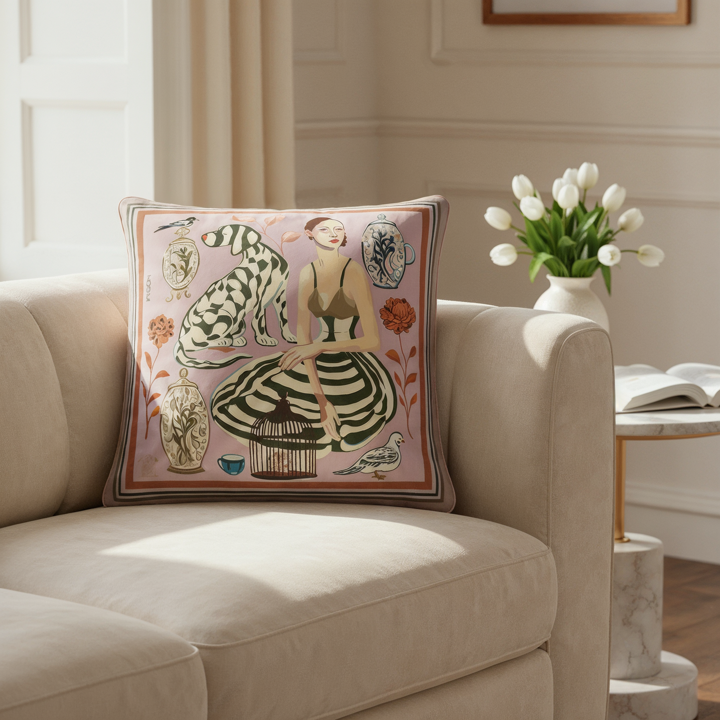 Blush and umber decorative pillow with contemporary artistic illustration, high end home accessory for modern interiors across global cities.