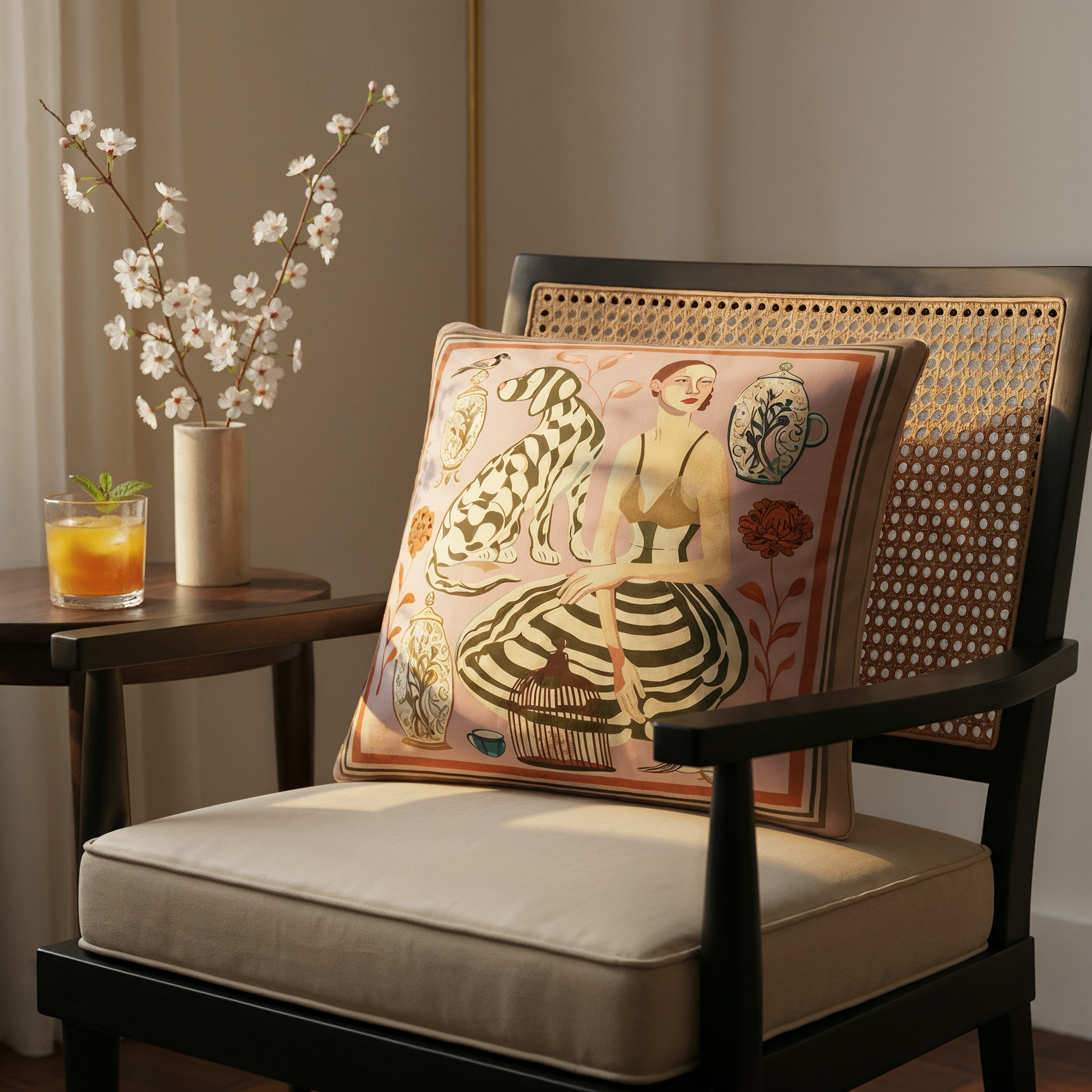 NOE MI cushion combining warm brown, green, and cream tones, ideal for styling elegant living spaces in London, Paris, and Rome.