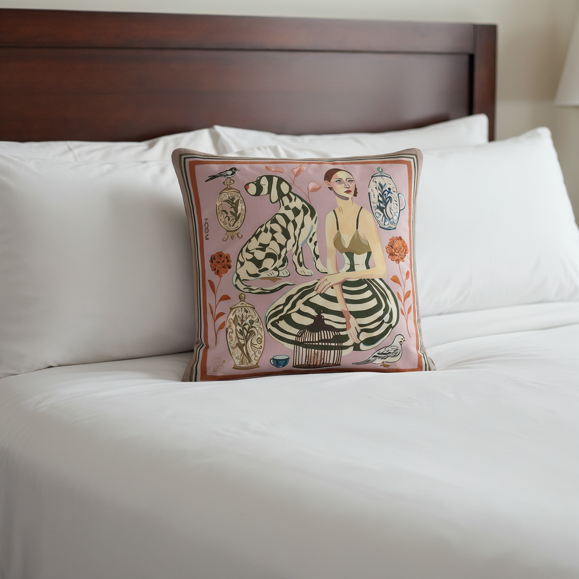 Artistic cushion by NOE MI featuring refined figurative composition and earthy palette, statement decor piece for homes in Tel Aviv, Berlin, and Barcelona.