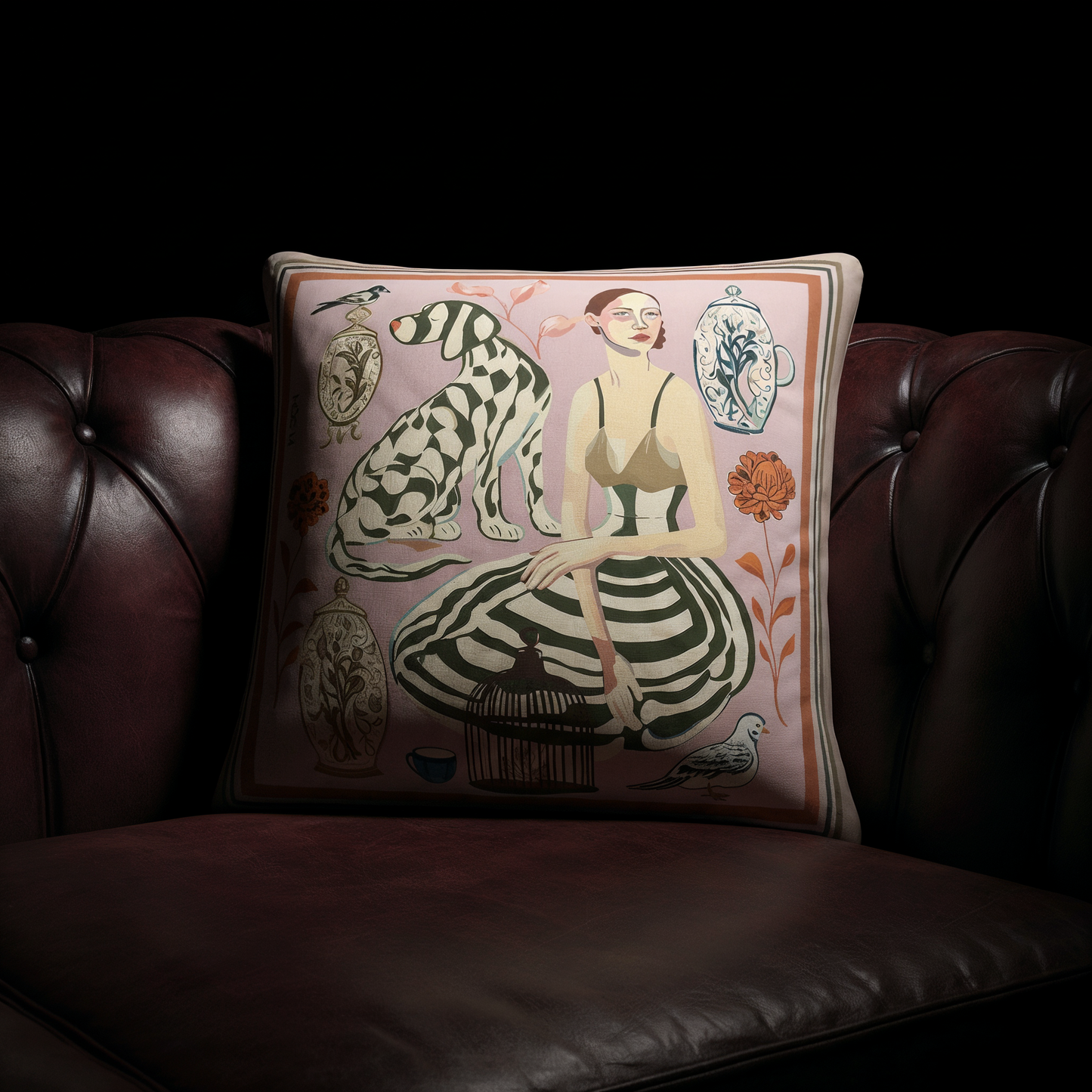 High end designer pillow in warm neutral tones, blending contemporary art and interior styling for sophisticated homes worldwide.