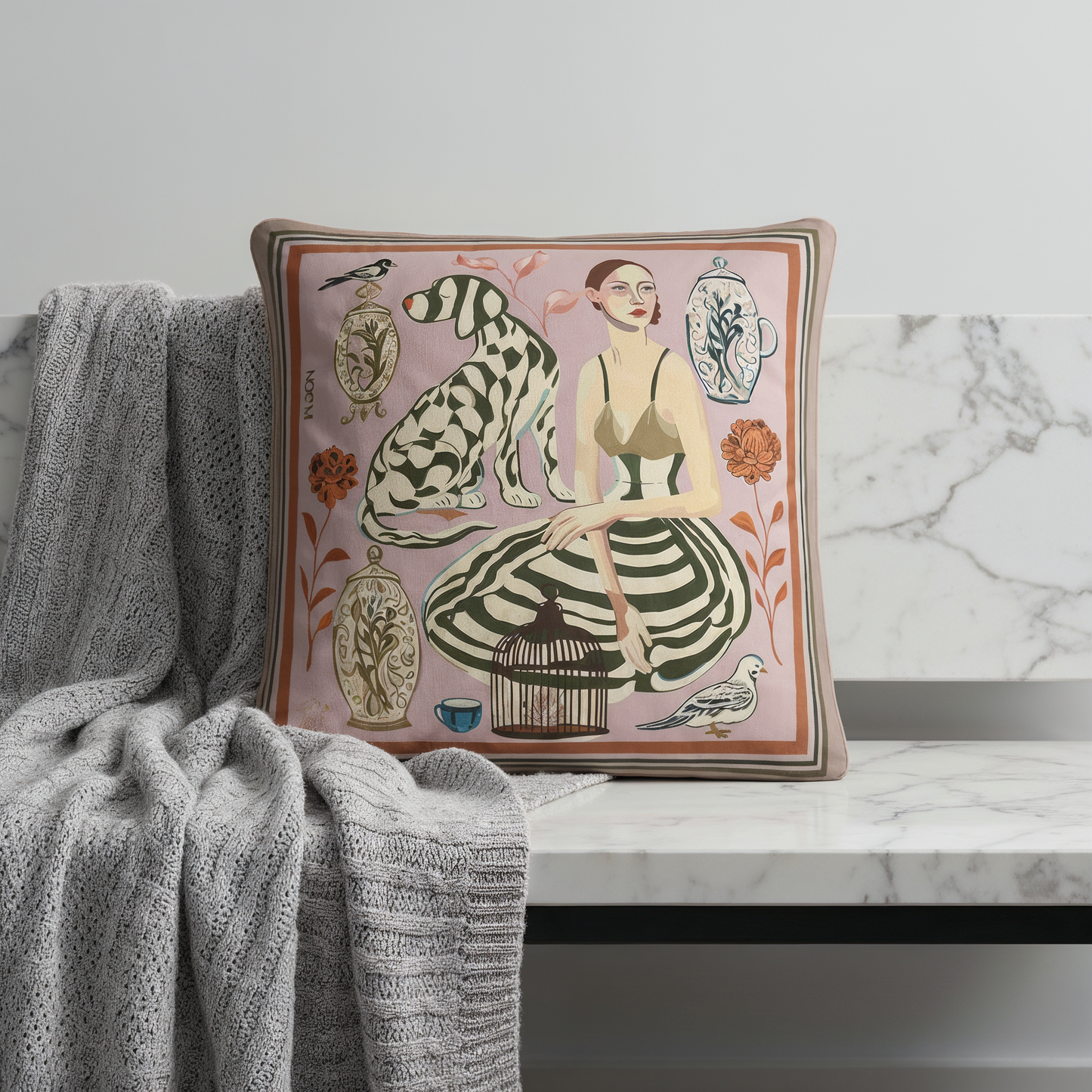 Elegant decorative cushion designed for sofas, beds, and lounge chairs, adding warmth and artistic depth to modern interiors globally.