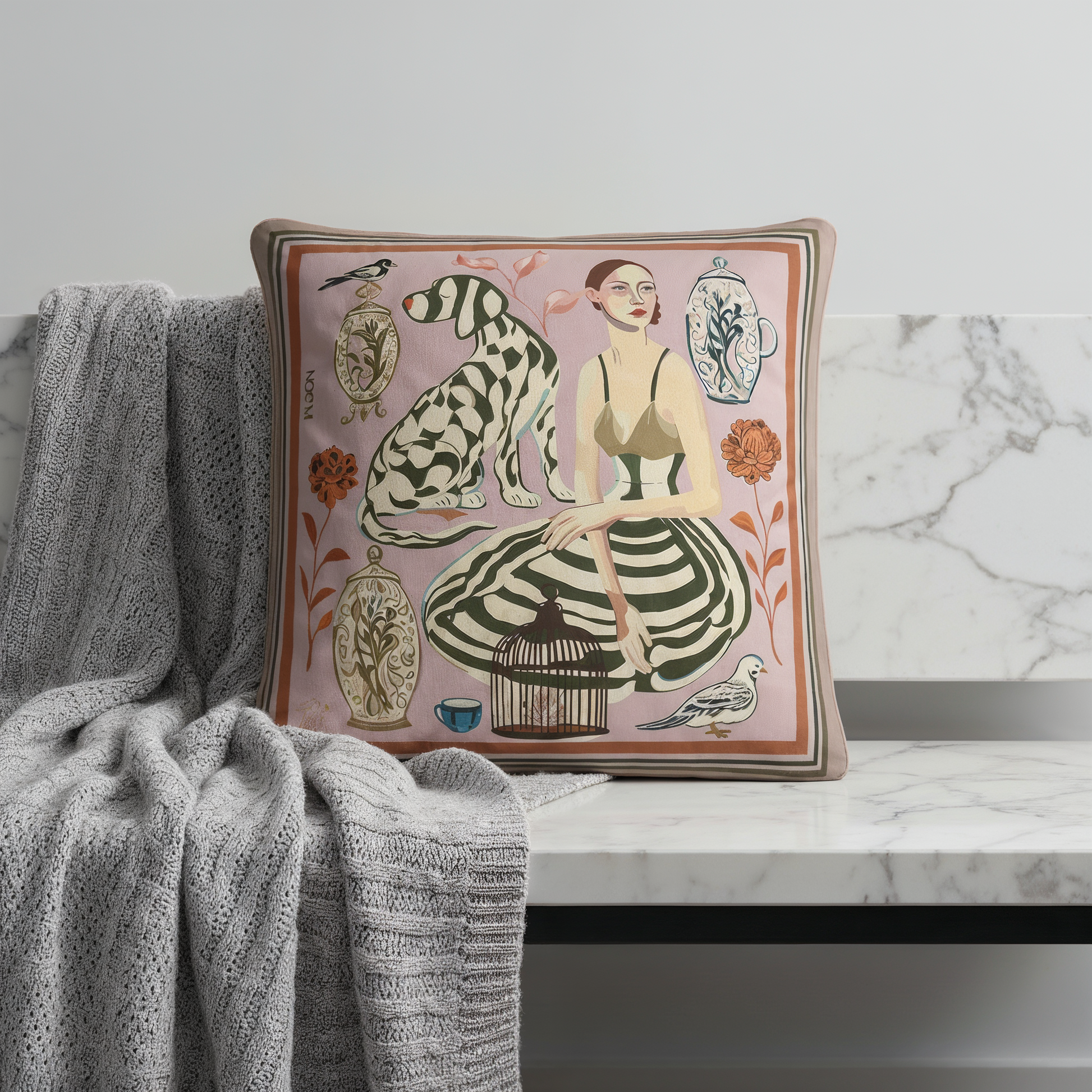 Elegant decorative cushion designed for sofas, beds, and lounge chairs, adding warmth and artistic depth to modern interiors globally.