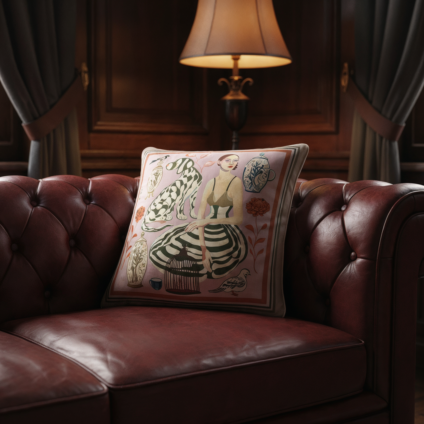 Luxury home decor cushion by NOE MI combining artistic storytelling and calm color palette, perfect for curated interiors and global design lovers.