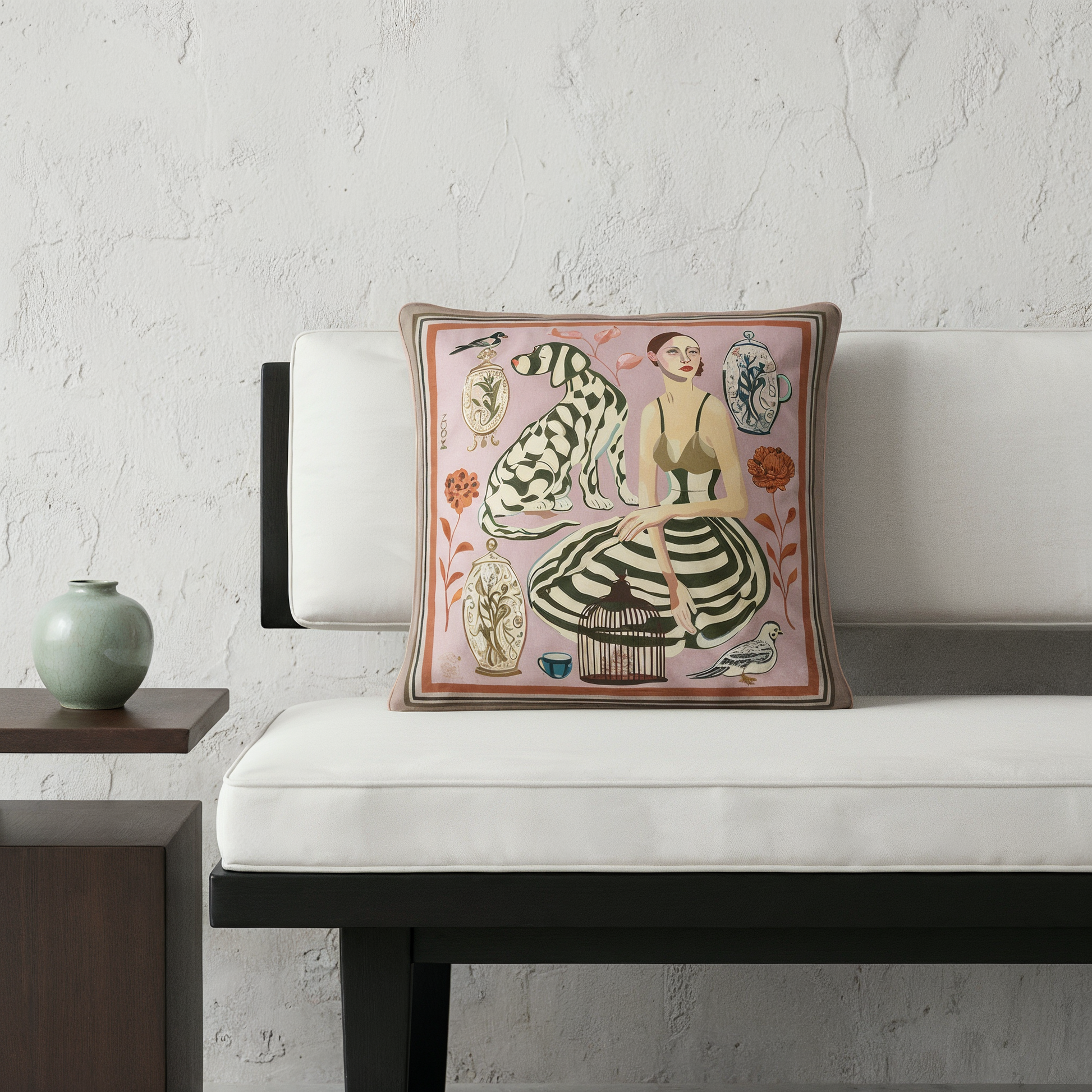 Statement velvet cushion with blush and brown tones, premium accessory for stylish interiors in international design capitals.