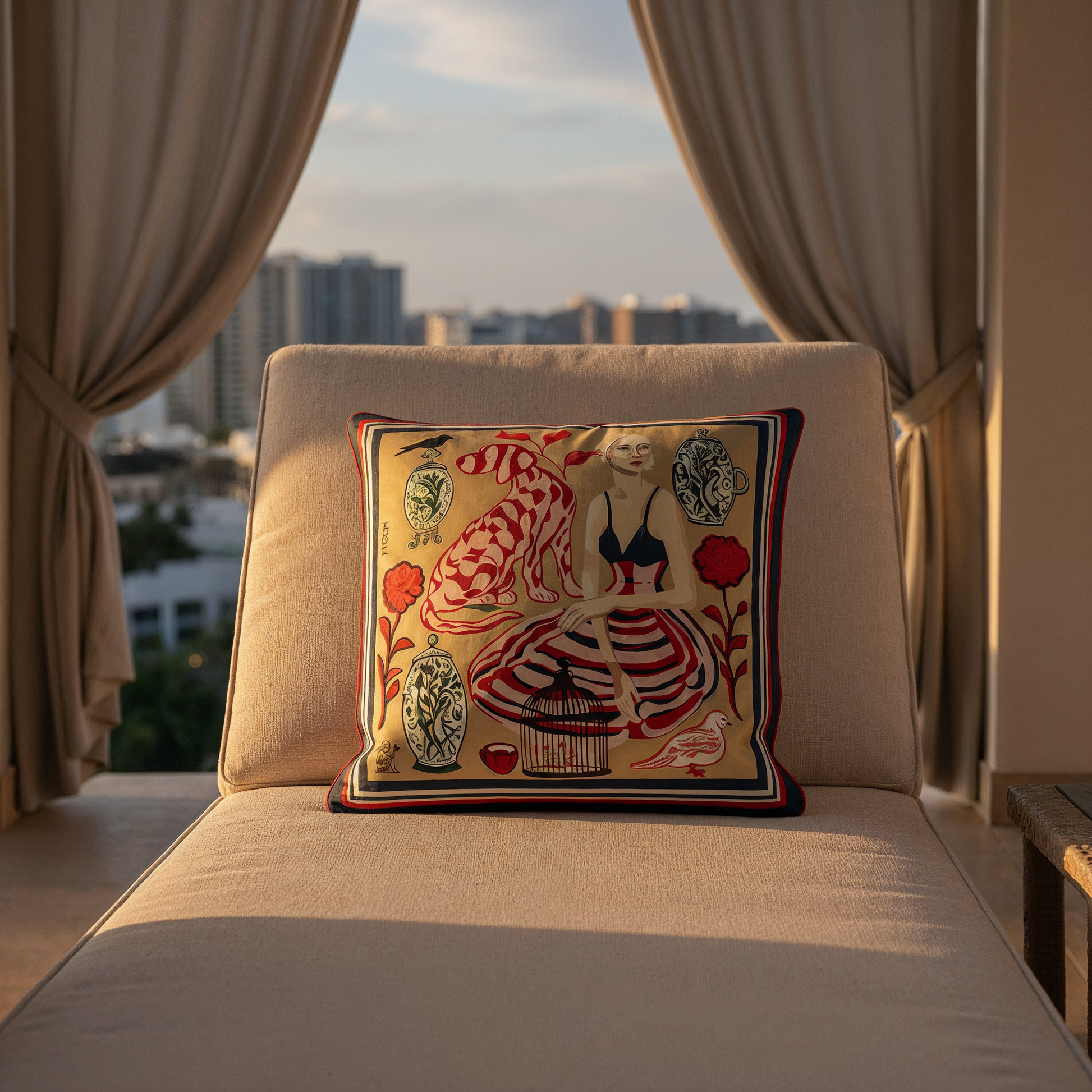 Luxury home decor cushion by NOE MI combining refined color balance and artistic storytelling, perfect for curated interiors and travel inspired homes.
