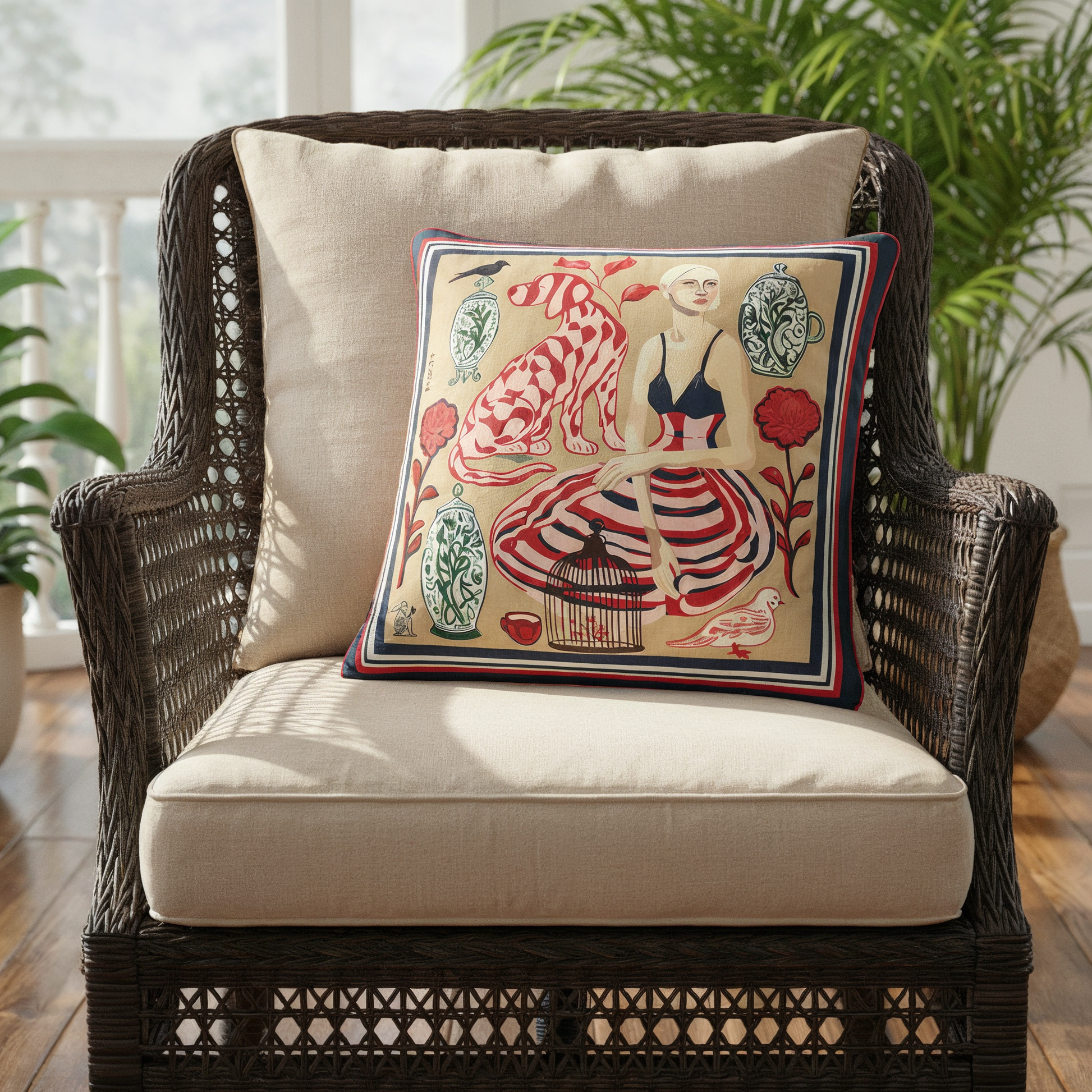 Artistic cushion by NOE MI featuring modern figurative composition and coastal inspired palette, statement decor piece for homes in Tel Aviv, Barcelona, and Nice.