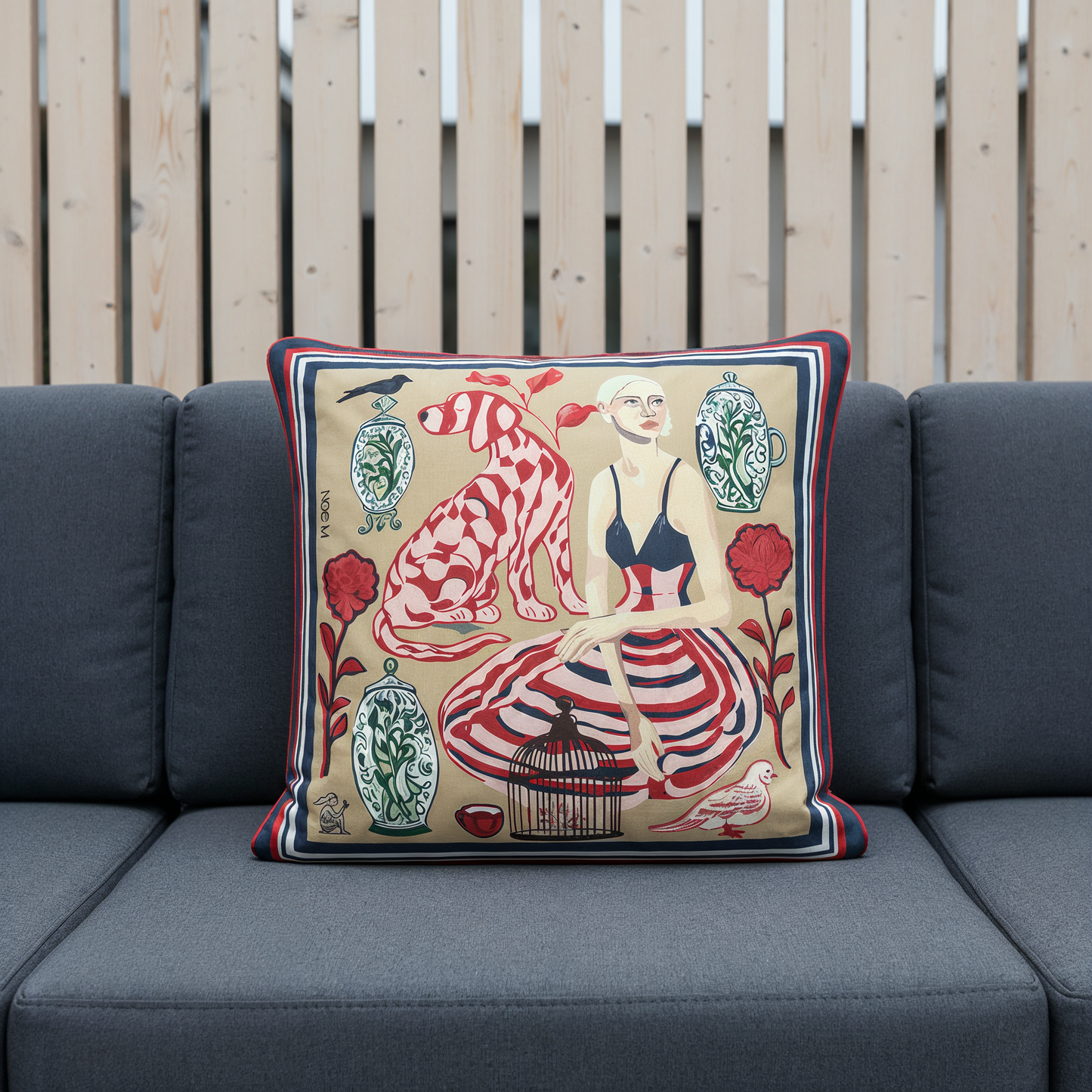 High end designer pillow in Riviera tones, blending contemporary art and interior styling for sophisticated homes worldwide.