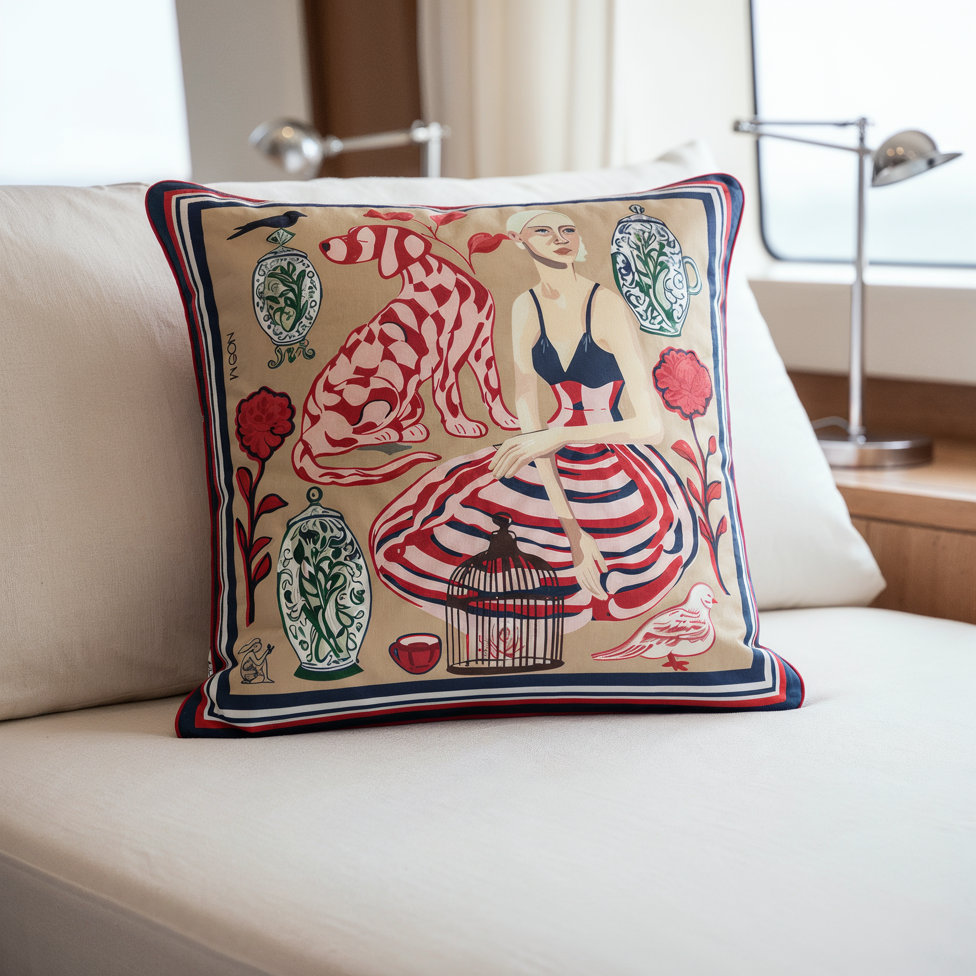 Designer cushion by NOE MI with sandy beige background and bold red and blue details, premium velvet pillow for luxury home decor styling worldwide.