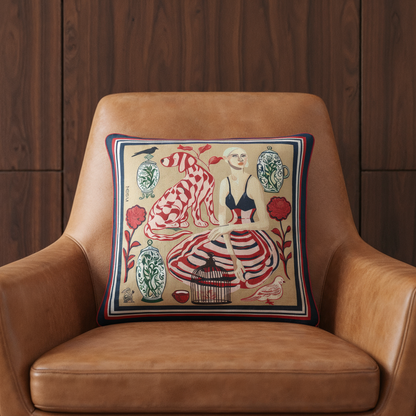 NOE MI velvet cushion combining warm neutral tones with vibrant accents, ideal for styling elegant living spaces in London, Paris, and Rome.