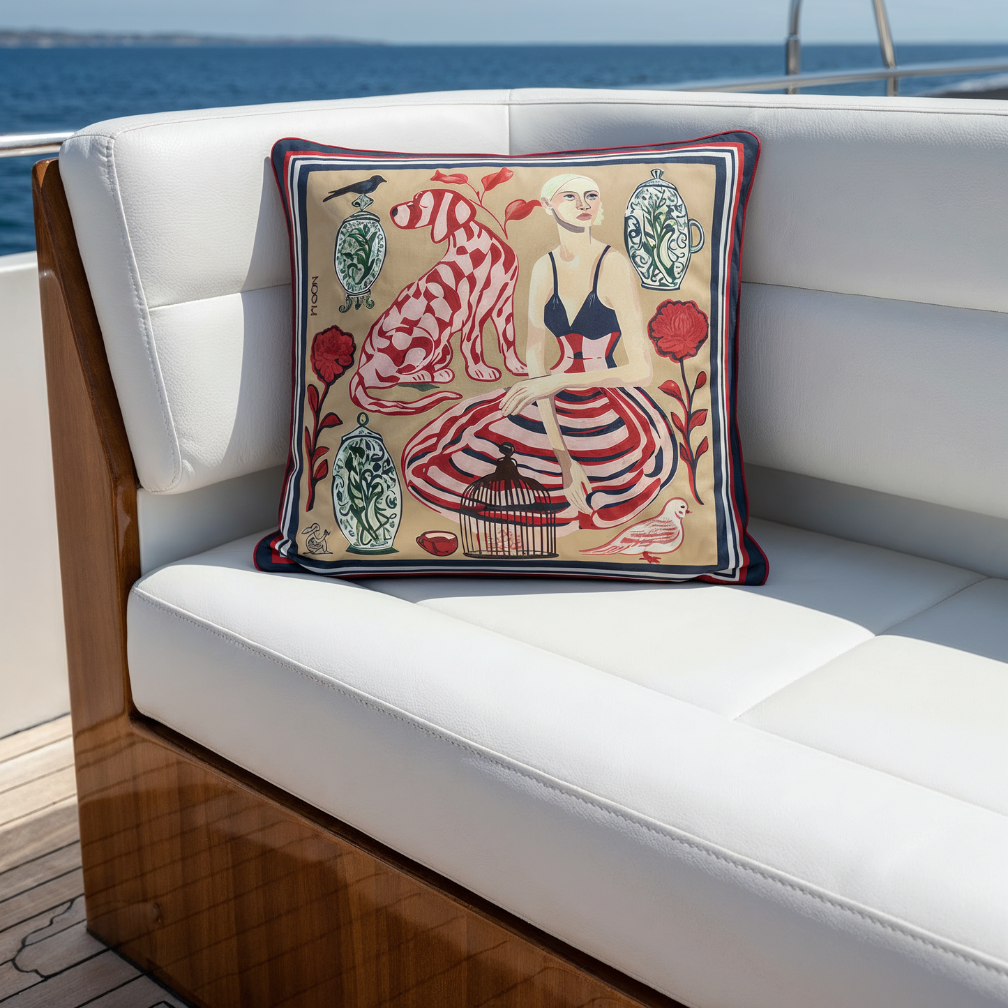Beige and navy decorative pillow with contemporary artistic illustration, high end home accessory for modern interiors across global cities.