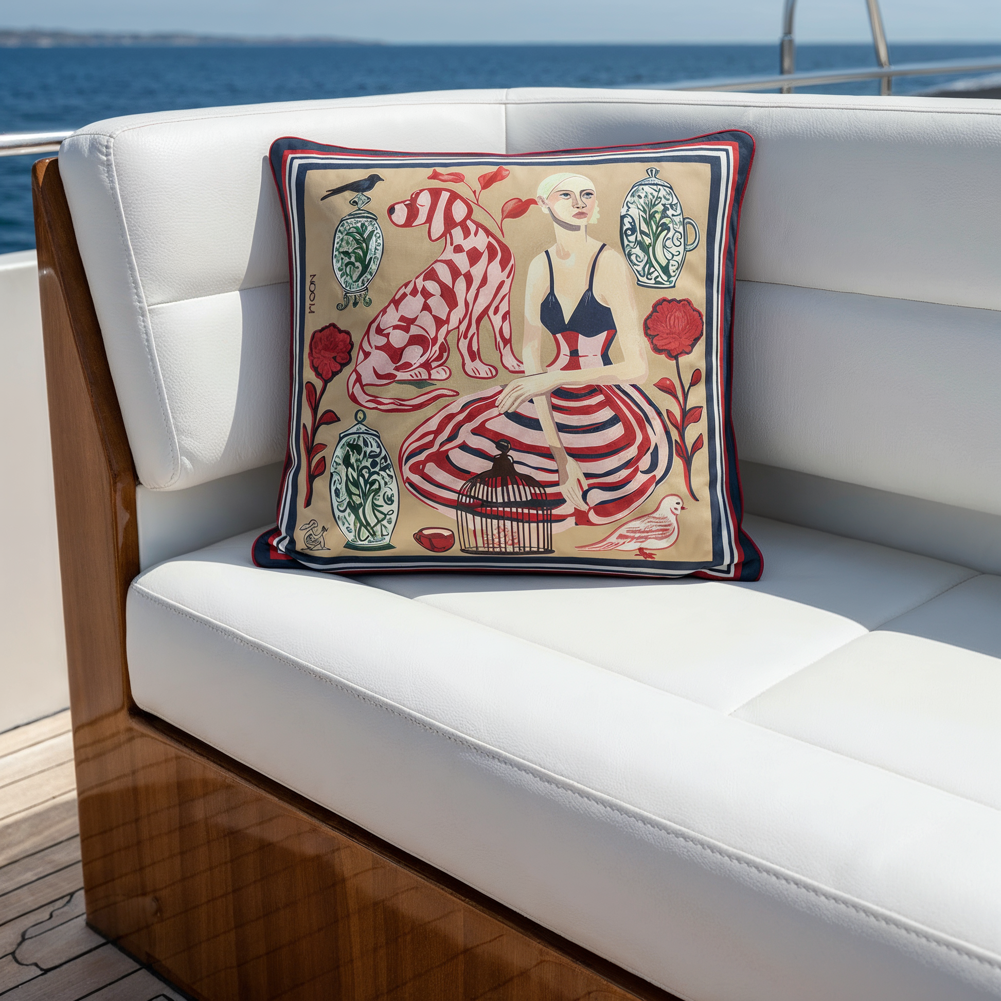 Beige and navy decorative pillow with contemporary artistic illustration, high end home accessory for modern interiors across global cities.
