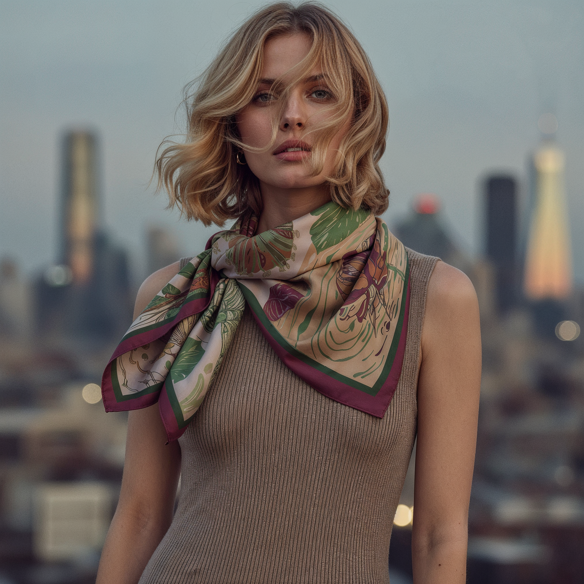 Luxury wearable art scarf in blush and green tones, ideal for elevating minimalist outfits and creating expressive layered looks in New York and Los Angeles.