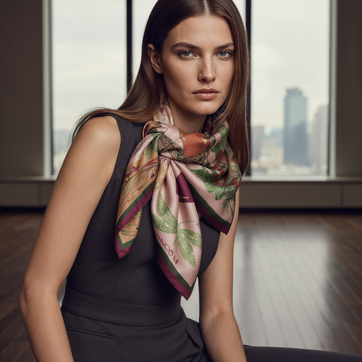 High end silk twill scarf with soft drape and luminous sheen, feminine fashion accessory for curated wardrobes and boutique styling worldwide.