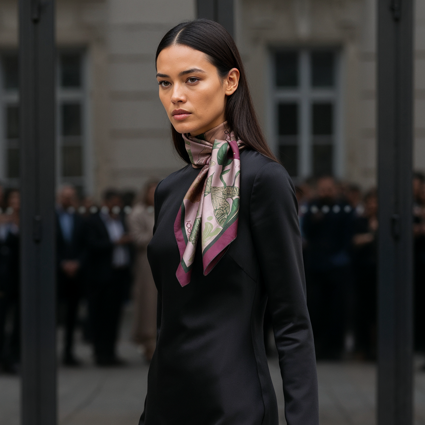 Elegant designer silk scarf with soft pink base and rich natural tones, perfect for refined everyday styling and travel outfits across global fashion cities.