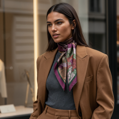 Contemporary art silk scarf designed for women seeking unique fashion pieces, blending storytelling and elegance in Paris, Berlin, and Tel Aviv.