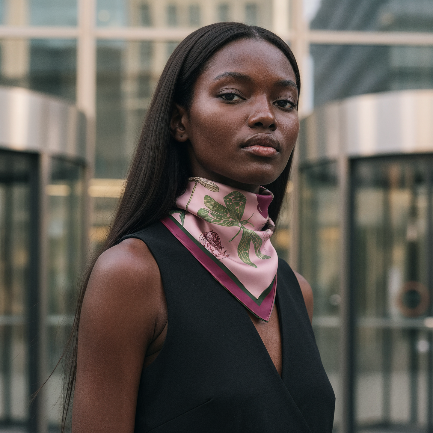 Romantic blush silk scarf with botanical motifs and modern design, perfect as a luxury gift for women and fashion enthusiasts globally.