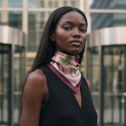 Romantic blush silk scarf with botanical motifs and modern design, perfect as a luxury gift for women and fashion enthusiasts globally.