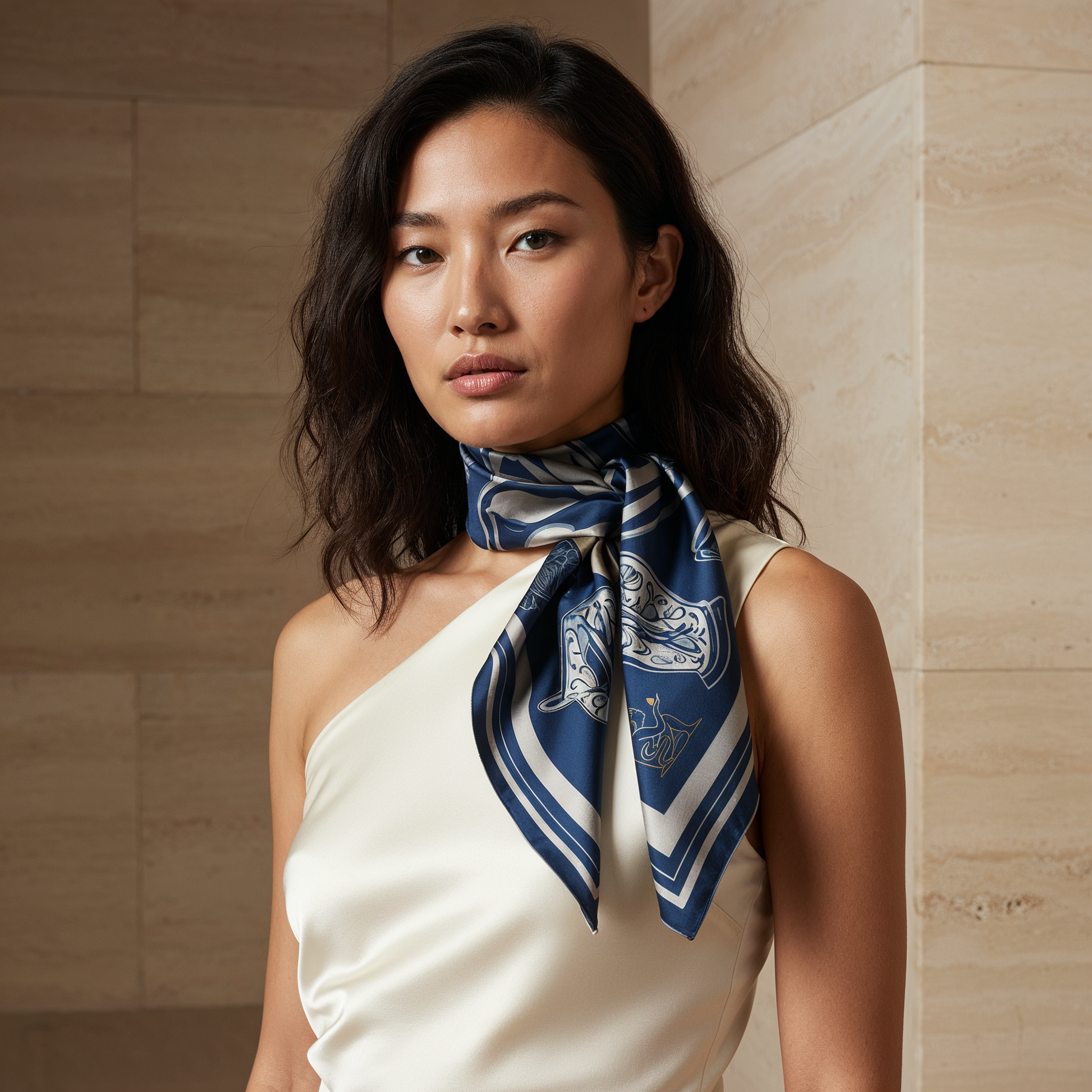 Navy blue designer silk scarf with clean composition and soft contrast, ideal for refined outfits and travel looks across global fashion cities.