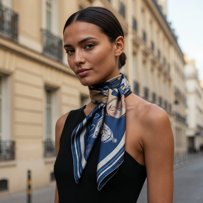 Minimalist luxury silk scarf by NOE MI designed for modern wardrobes, perfect for layering in everyday city life and business casual styling.