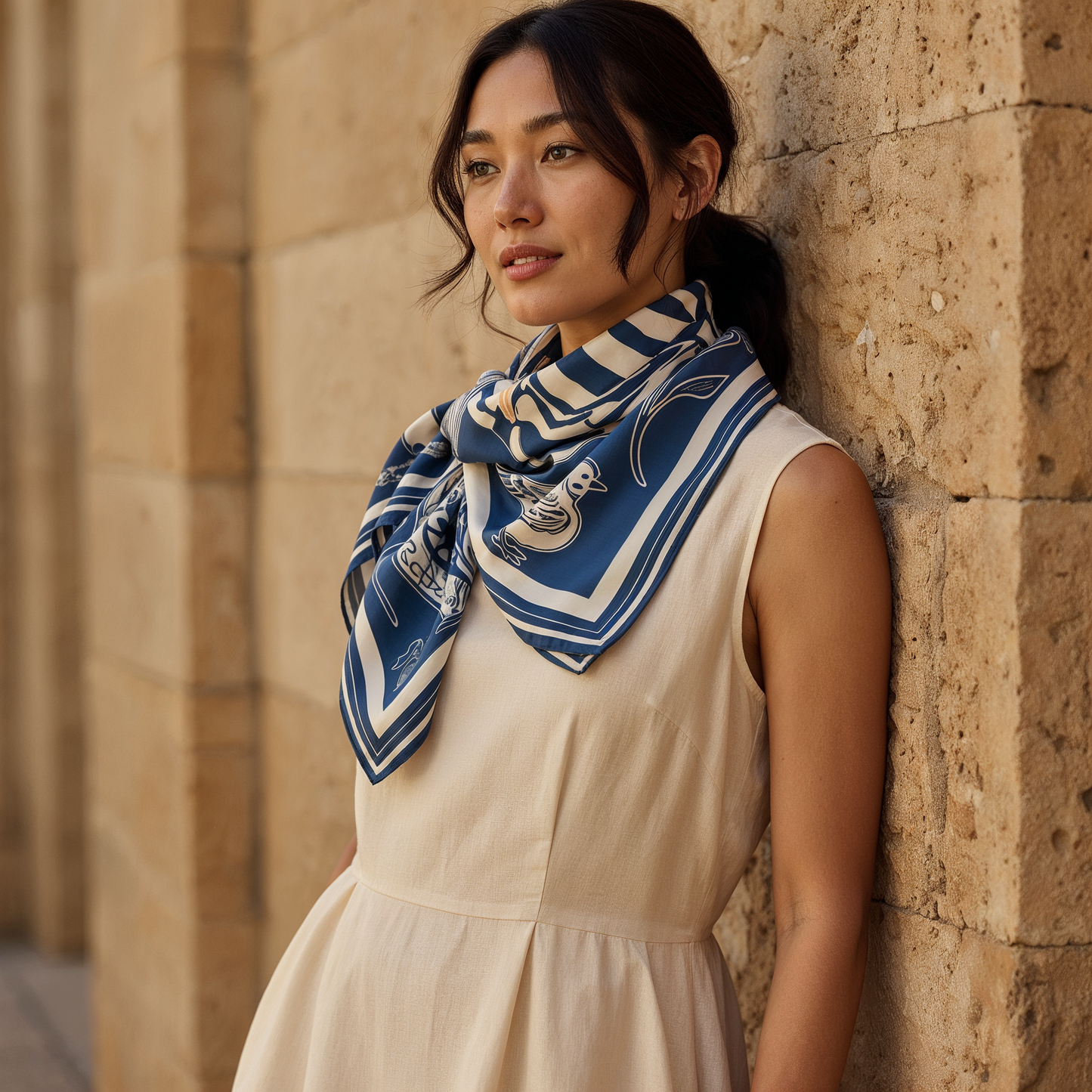 Elegant navy blue NOE MI silk scarf styled as a neck scarf or shawl, refined accessory for business casual outfits in New York and Los Angeles.