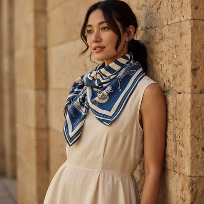 Elegant navy blue NOE MI silk scarf styled as a neck scarf or shawl, refined accessory for business casual outfits in New York and Los Angeles.