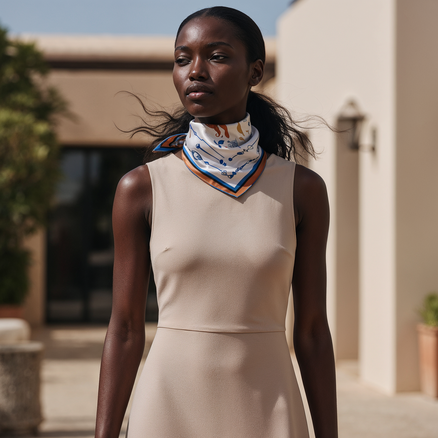 NOE MI The Navigator Azure silk scarf is a premium square silk scarf for women, crafted in silk twill with a smooth drape and luminous finish, ideal for sophisticated wardrobes in Paris, Milan, New York, Tel Aviv, and other global style capitals.
