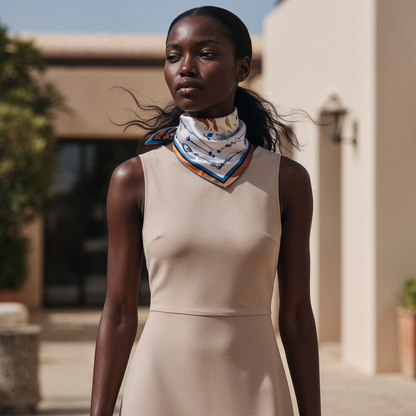 NOE MI The Navigator Azure silk scarf is a premium square silk scarf for women, crafted in silk twill with a smooth drape and luminous finish, ideal for sophisticated wardrobes in Paris, Milan, New York, Tel Aviv, and other global style capitals.
