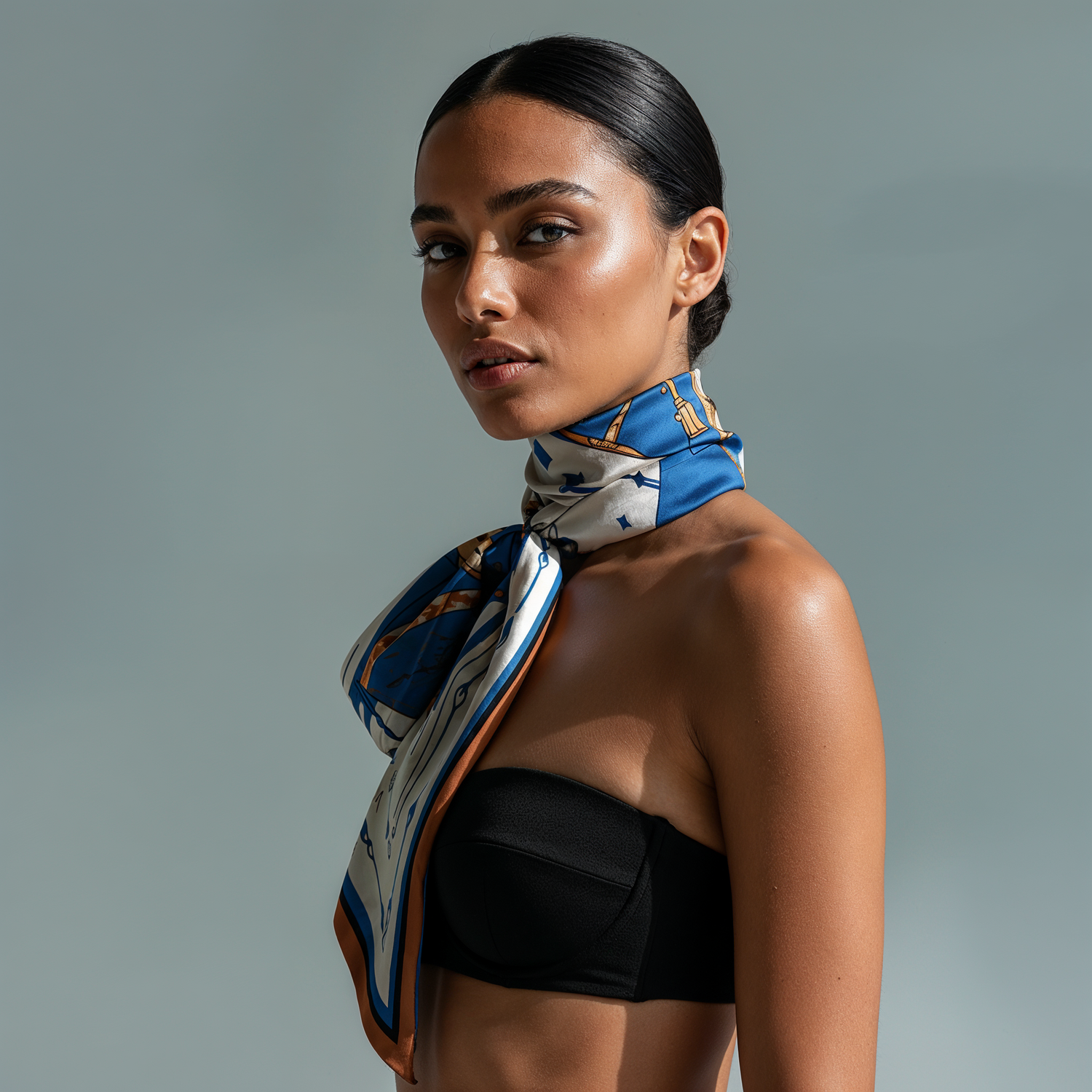 NOE MI The Navigator Azure luxury silk scarf combines bold azure blue with ivory and warm terracotta accents, making this designer neck scarf a statement fashion accessory for travel styling, curated wardrobes, and polished everyday looks.

נעמי ספיר
