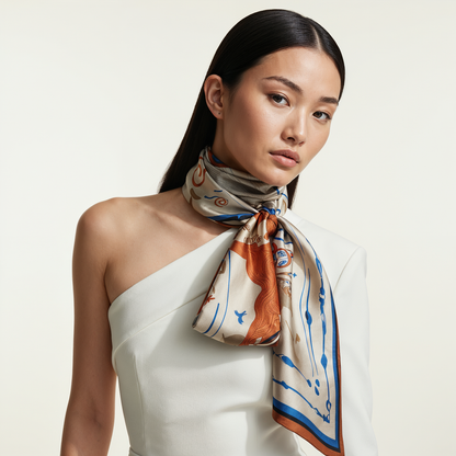 NOE MI The Navigator Azure blue silk scarf is a high end women’s scarf that can be worn as a neck scarf, silk head scarf, shoulder wrap, or handbag scarf, offering versatile styling for city walks, gallery visits, coastal escapes, and refined daytime dressing.
