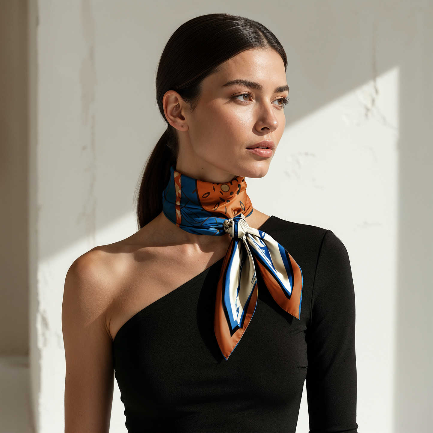 NOE MI The Navigator Azure premium silk scarf is designed for fashion conscious women, art lovers, boutique shoppers, and luxury accessory collectors seeking a bright blue designer scarf with symbolic illustration and a distinct visual identity.