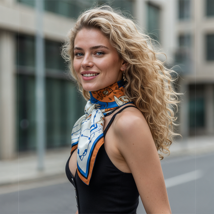 NOE MI The Navigator Azure artistic silk scarf features vivid blue tones, ivory contrast, and subtle warm neutrals, creating a sophisticated scarf for modern women who want quiet luxury, strong color clarity, and expressive contemporary design.