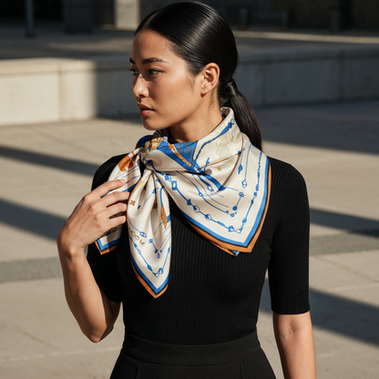 NOE MI The Navigator Azure luxury silk scarf is a statement scarf for women who appreciate blue and ivory accessories, symbolic fashion, and high end silk pieces that move easily between relaxed sophistication and dressed up elegance.