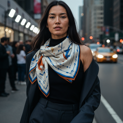 NOE MI The Navigator Azure square silk scarf is a luxury designer accessory for women in London, Rome, Barcelona, Los Angeles, and beyond, combining premium textile quality, artistic composition, and an elegant international fashion sensibility.