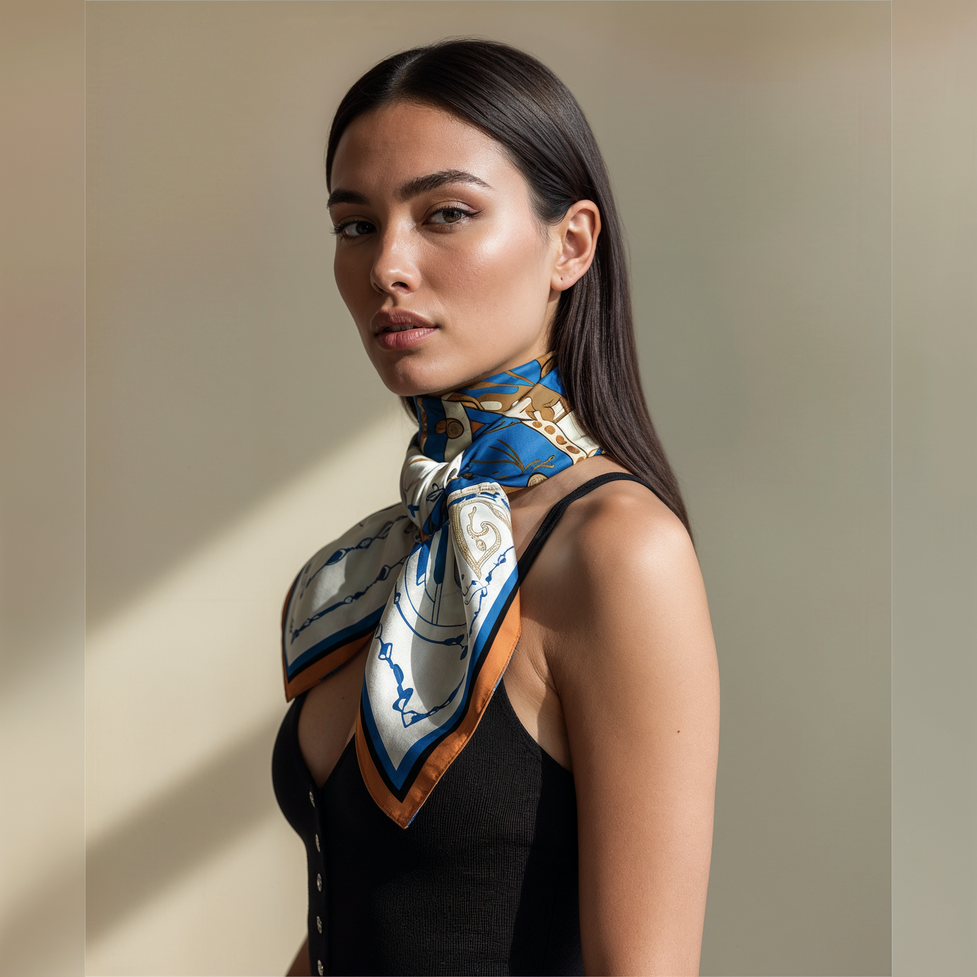 NOE MI The Navigator Azure silk twill scarf is a refined blue fashion scarf that elevates capsule wardrobes, destination dressing, and polished seasonal styling with a crisp azure palette and collectible NOE MI artwork.
