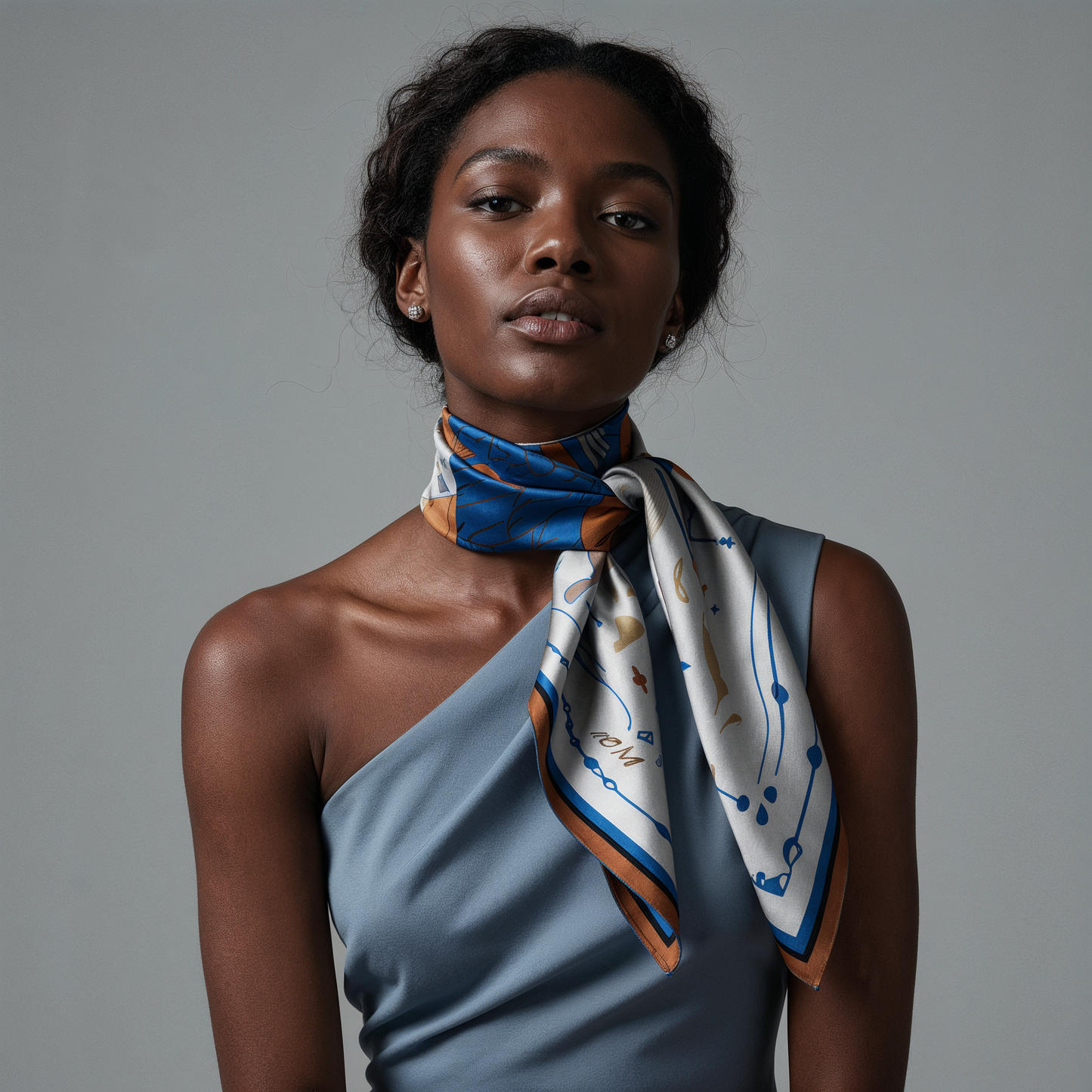 NOE MI The Navigator Azure silk scarf is a luxury blue silk scarf in vivid azure, ivory, terracotta, and sandy neutral tones, This is a NOE MI silk scarf by Noemi Safir.
designed for elegant women who want a refined designer scarf with artistic presence and premium silk twill texture.