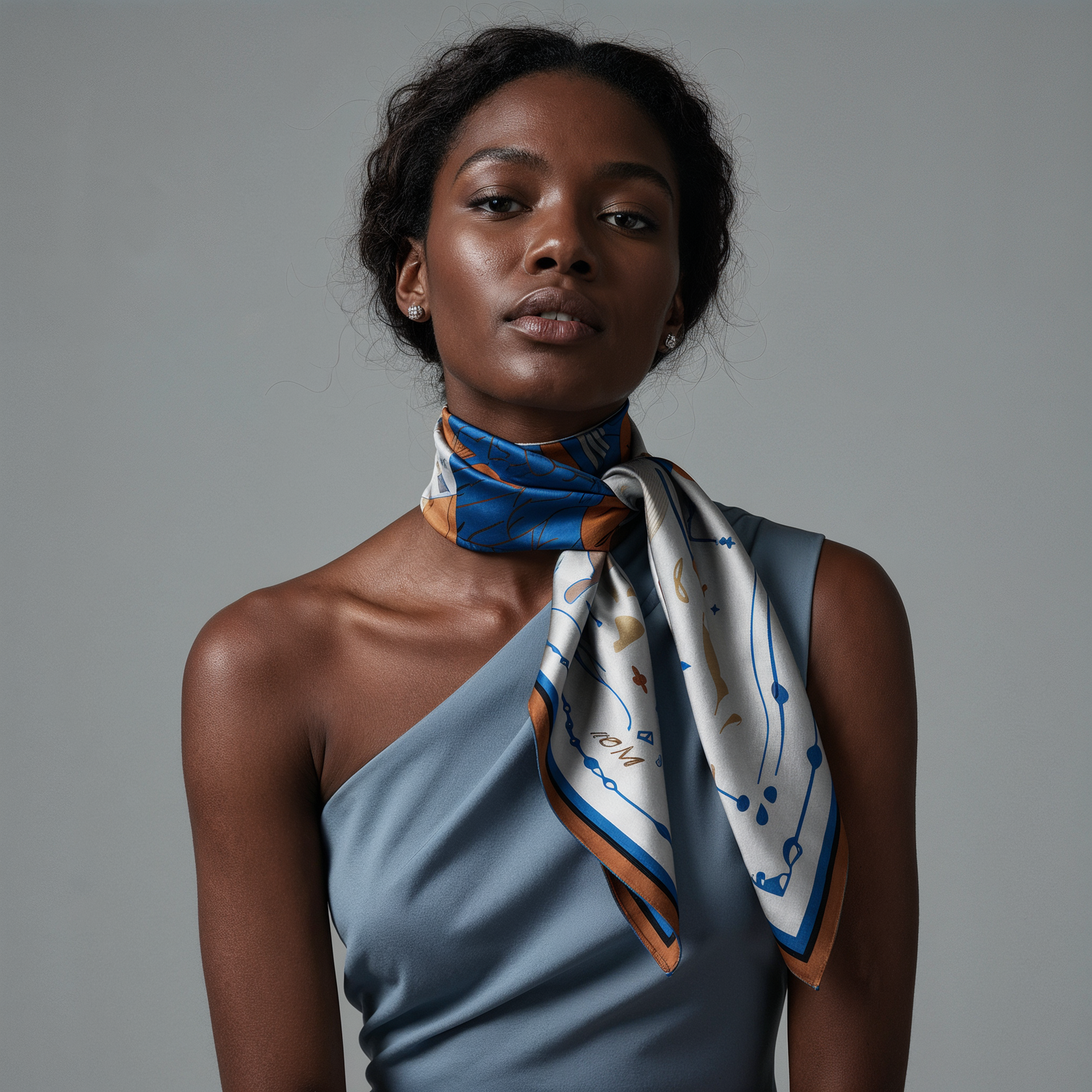 NOE MI The Navigator Azure silk scarf is a luxury blue silk scarf in vivid azure, ivory, terracotta, and sandy neutral tones, designed for elegant women who want a refined designer scarf with artistic presence and premium silk twill texture.