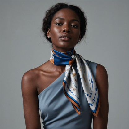 NOE MI The Navigator Azure silk scarf is a luxury blue silk scarf in vivid azure, ivory, terracotta, and sandy neutral tones, This is a NOE MI silk scarf by Noemi Safir.
designed for elegant women who want a refined designer scarf with artistic presence and premium silk twill texture.
