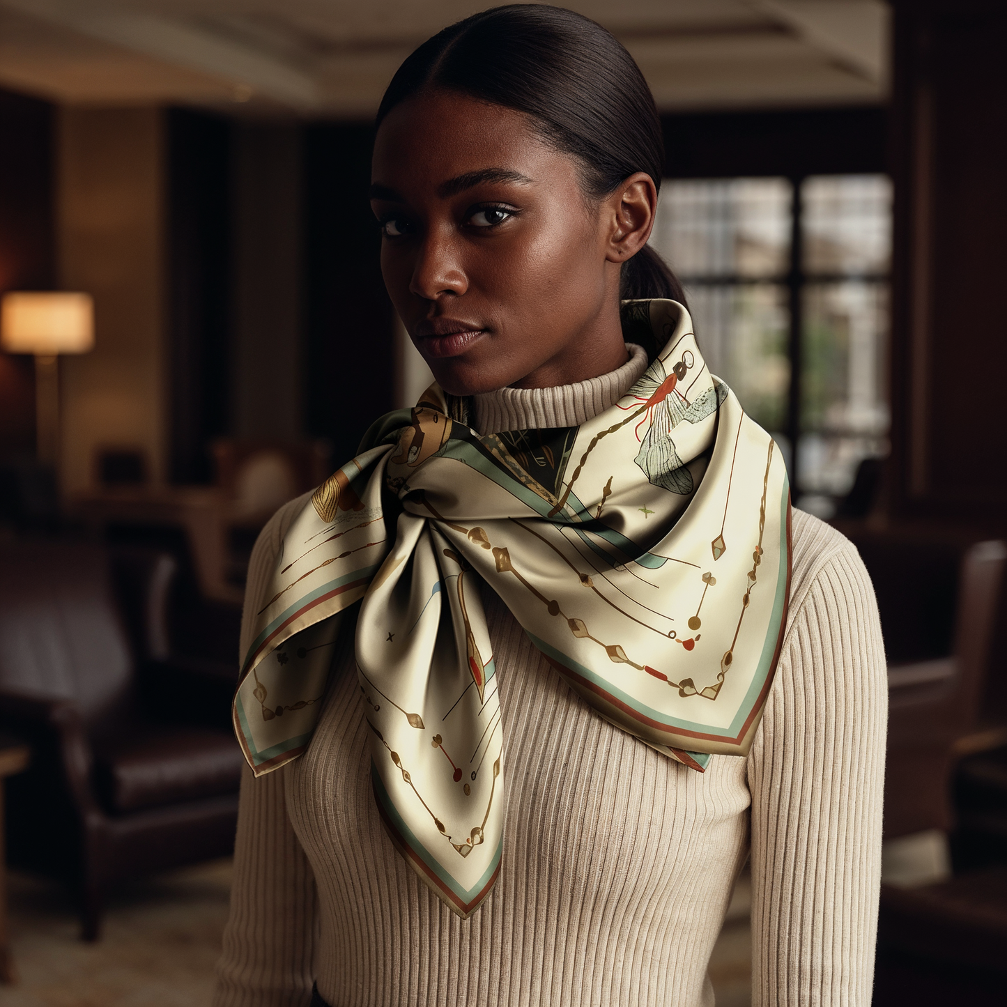 NOE MI designer scarf for women, The Navigator in Sunlight, is a luxurious silk accessory with a central figurative artwork, celestial accents, dragonfly symbolism, and a refined border that feels timeless and distinctive.
