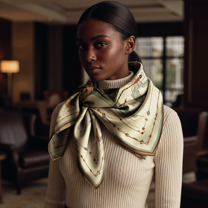 NOE MI designer scarf for women, The Navigator in Sunlight, is a luxurious silk accessory with a central figurative artwork, celestial accents, dragonfly symbolism, and a refined border that feels timeless and distinctive.