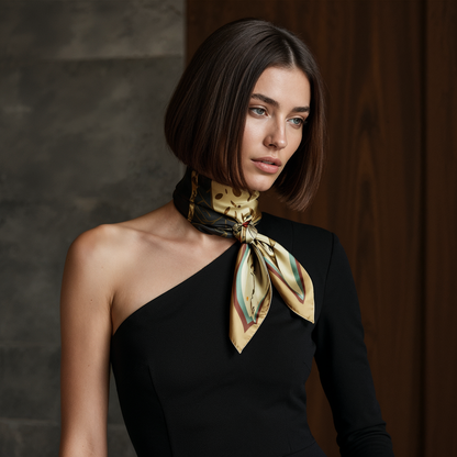 Wearable art silk scarf by NOE MI, The Navigator in Sunlight, combines symbolic illustration, soft earthy colors, and a polished framed layout that makes it ideal for luxury gifting and sophisticated personal styling.