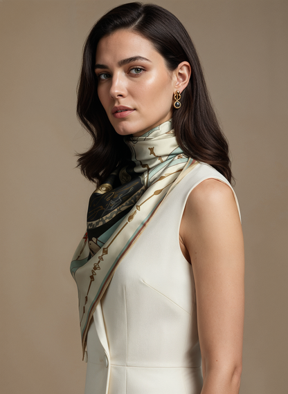 Wearable art silk scarf by NOE MI, The Navigator in Sunlight, combines symbolic illustration, soft earthy colors, and a polished framed layout that makes it ideal for luxury gifting and sophisticated personal styling.