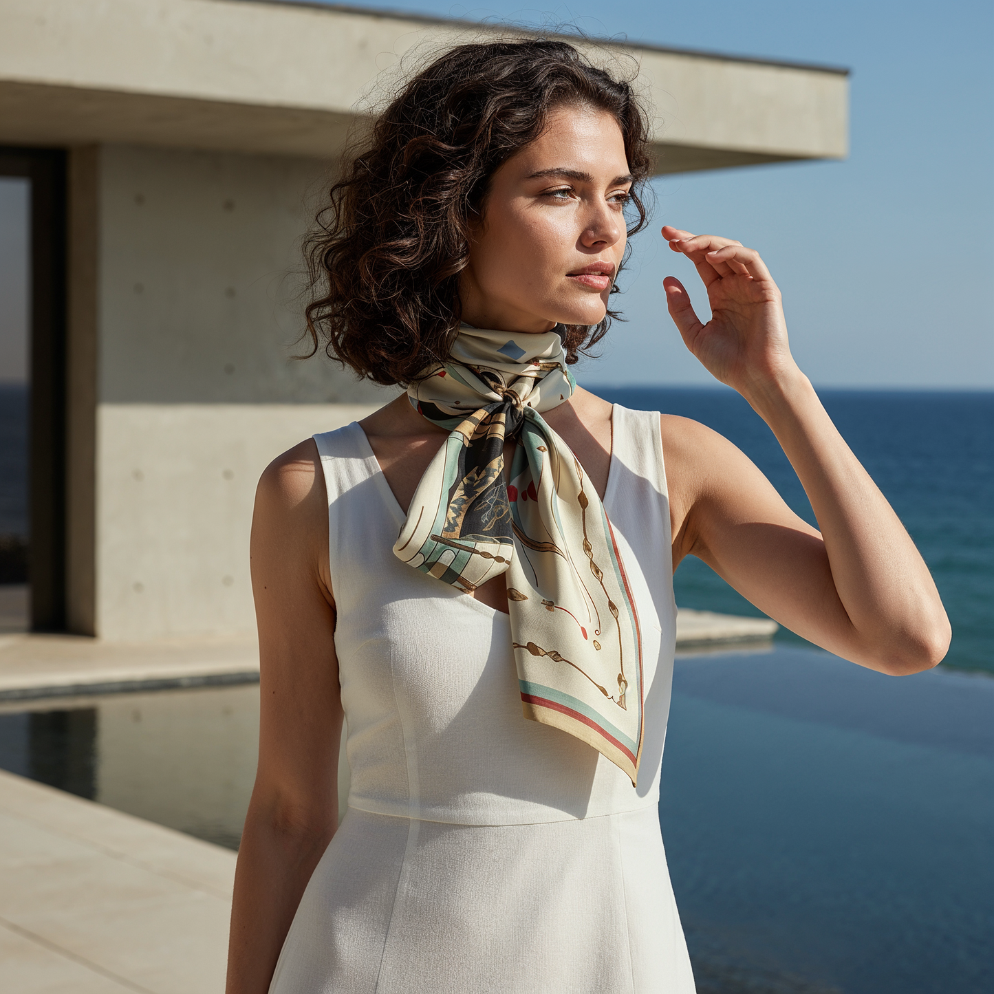 Fine art inspired NOE MI silk scarf, The Navigator in Sunlight, features a graceful feminine composition with warm ivory tones, deep black, muted terracotta, sage green, and delicate decorative linework.
