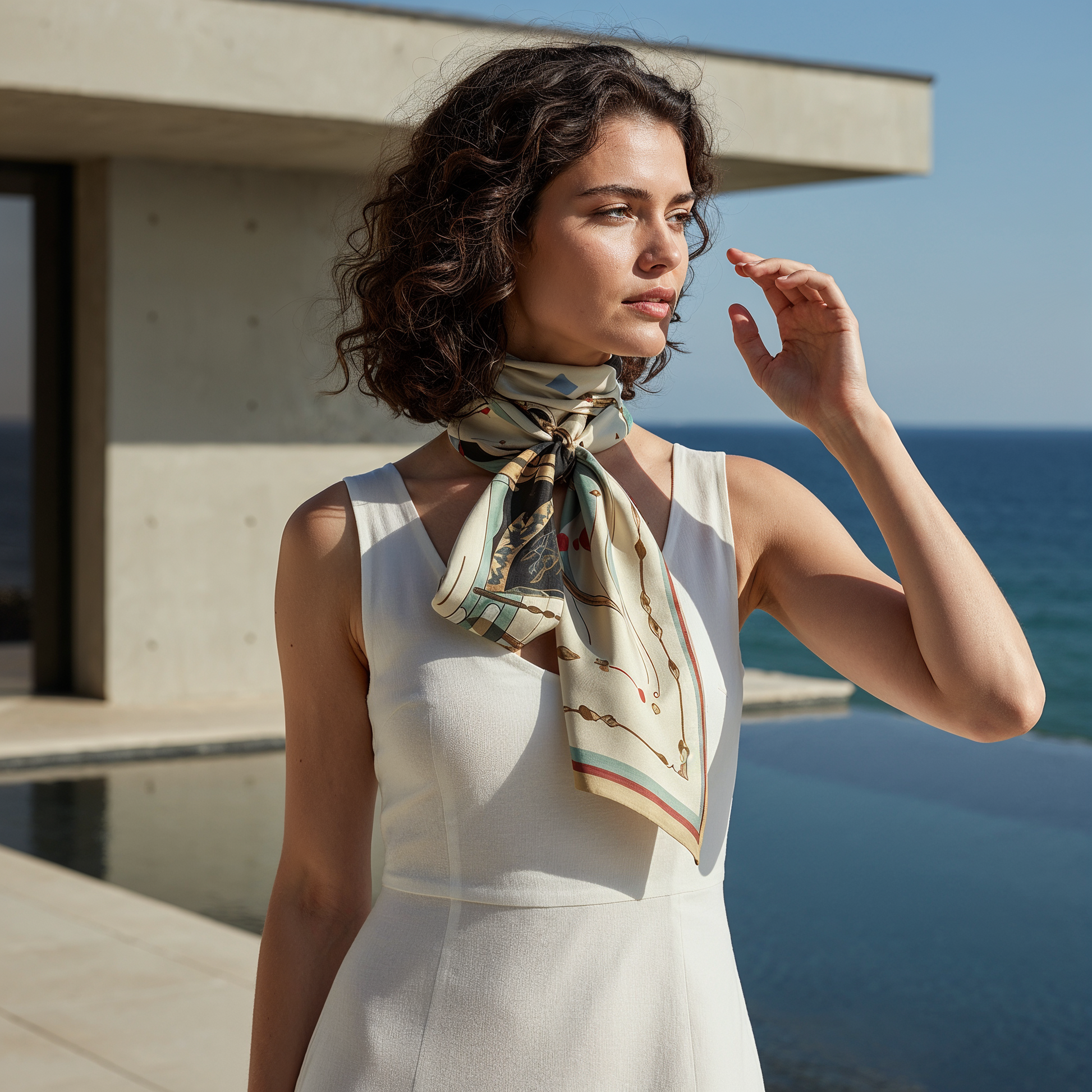 Fine art inspired NOE MI silk scarf, The Navigator in Sunlight, features a graceful feminine composition with warm ivory tones, deep black, muted terracotta, sage green, and delicate decorative linework.