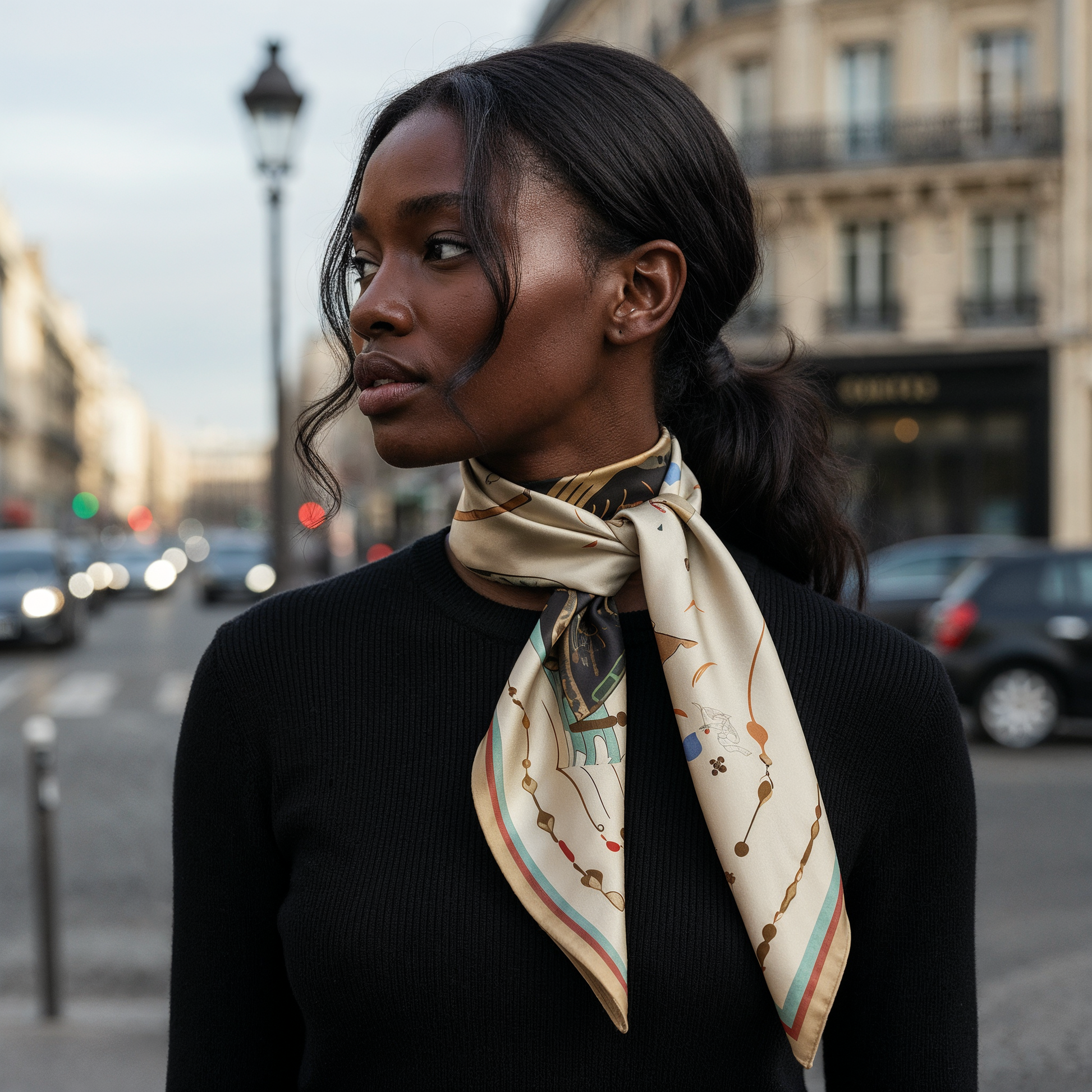 NOE MI The Navigator silk scarf in Sunlight offers an elegant fashion accessory with a surreal illustrated heroine, detailed dragonflies, and balanced symbolic imagery designed for women who seek beauty with meaning.